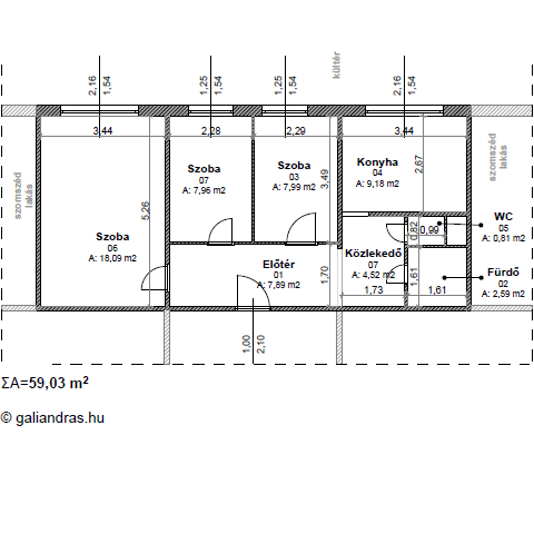 59,03 négyzetméteres panel lakás alaprajza